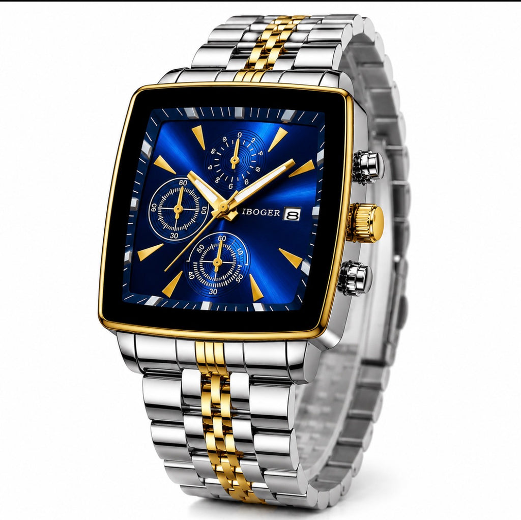 Luxury Square Dial Men’s Quartz Watch – Stainless Steel Business Wristwatch with Date Display.
