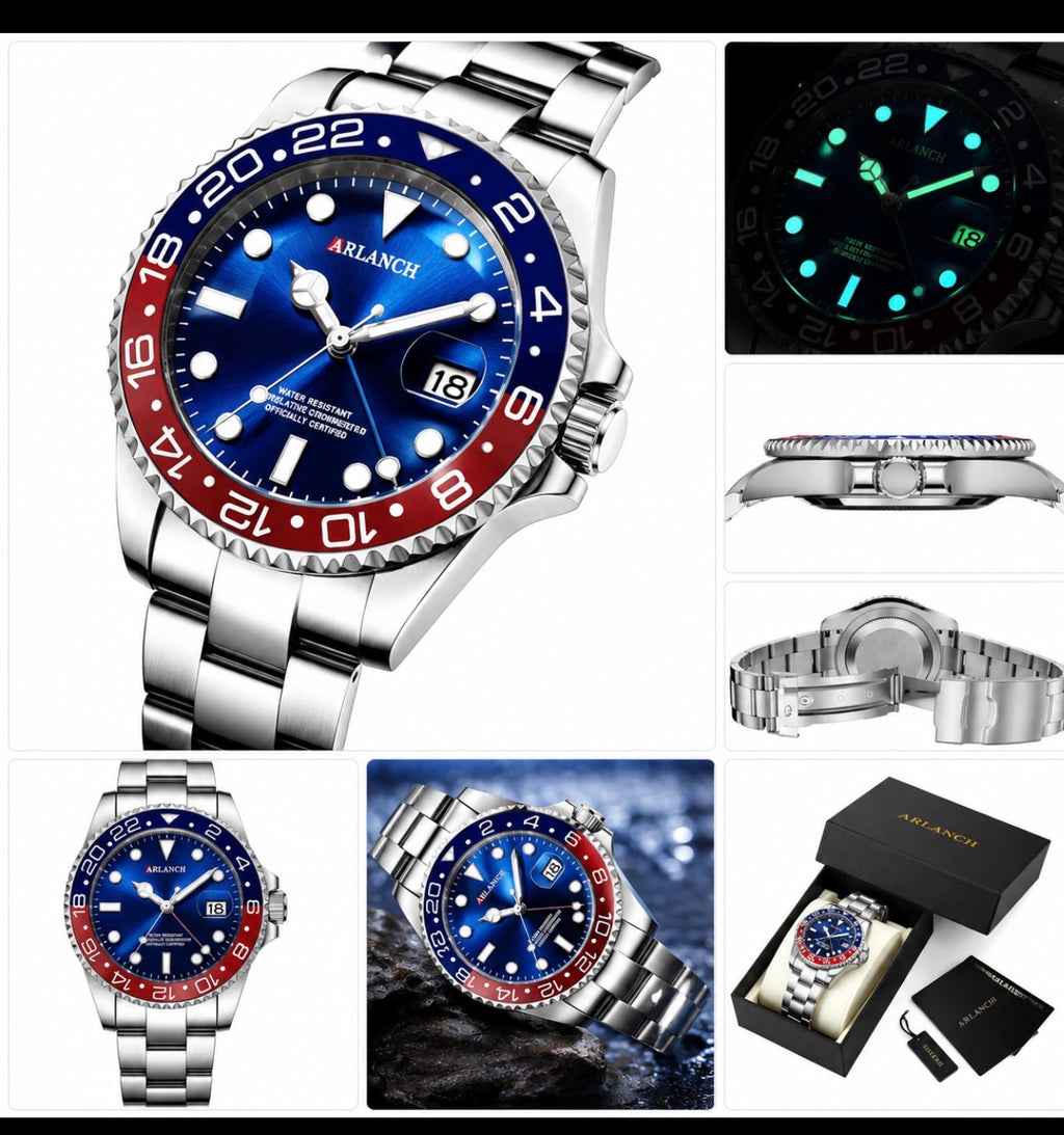 Classic 40mm Stainless Steel Quartz Watch – Blue Sunburst Dial, Red & Blue GMT-Style Bezel, Date Display.