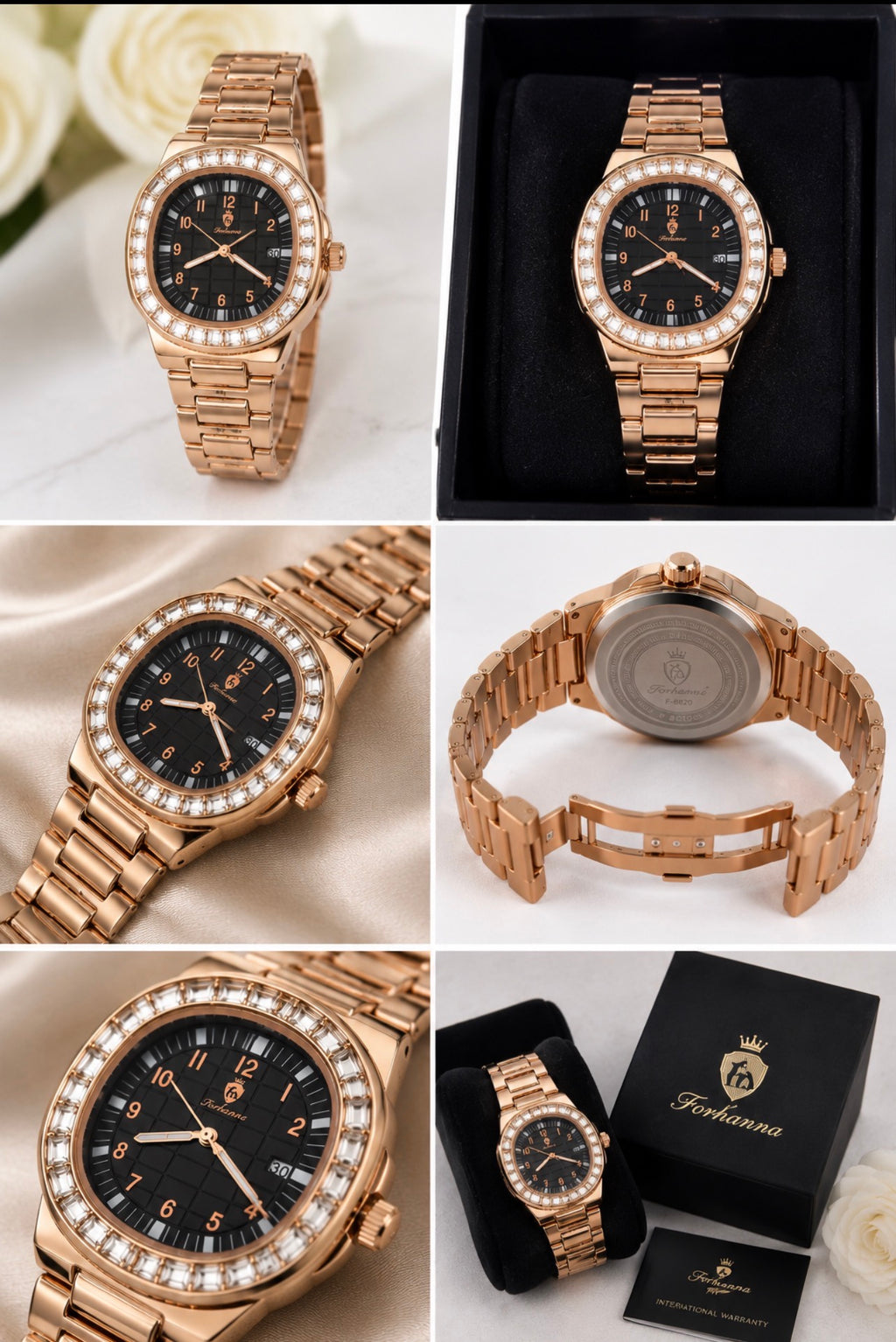 Luxury  Men Rose Gold Crystal Bezel Watch Stainless Steel Quartz Wristwatch.
