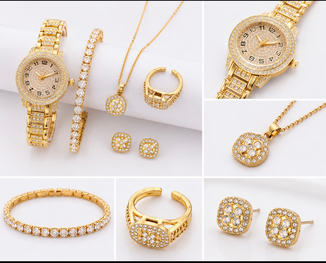 Luxury Gold Crystal Watch & Jewelry Set for Women – 5 Piece Elegant Gift Collection.