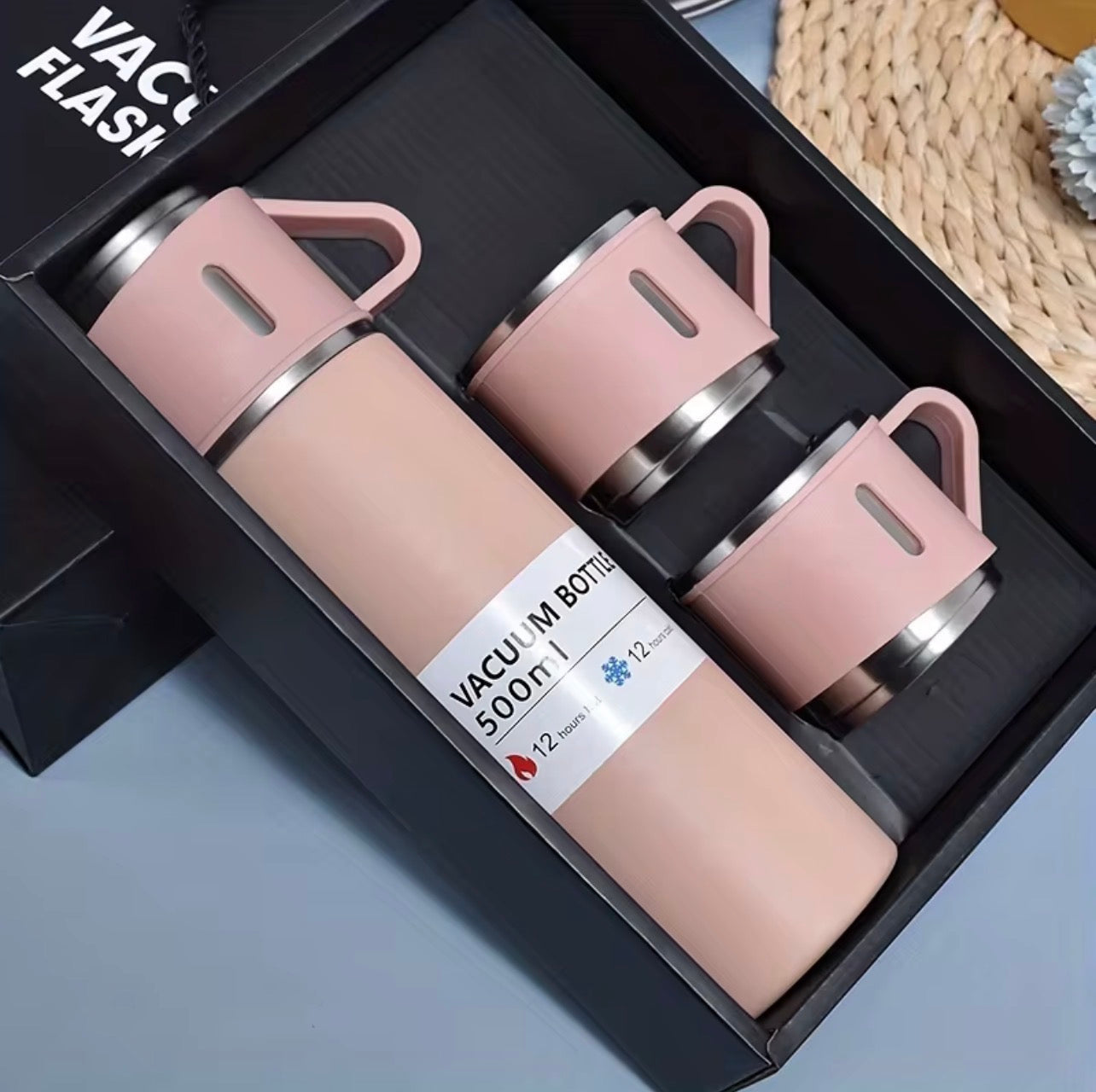 500ml Stainless Steel Vacuum Insulated Flask Gift Set with 3 Cups – Premium Travel Thermos.