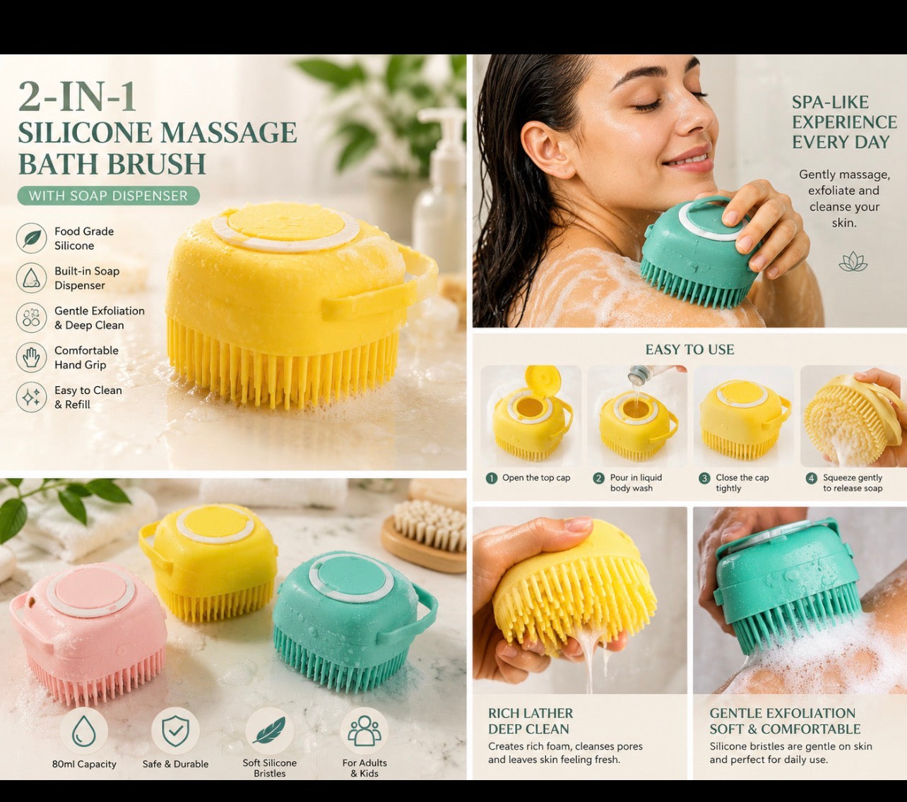 2-in-1 Silicone Massage Bath Brush with Built-in Soap Dispenser | Soft Exfoliating Body & Scalp Scrubber