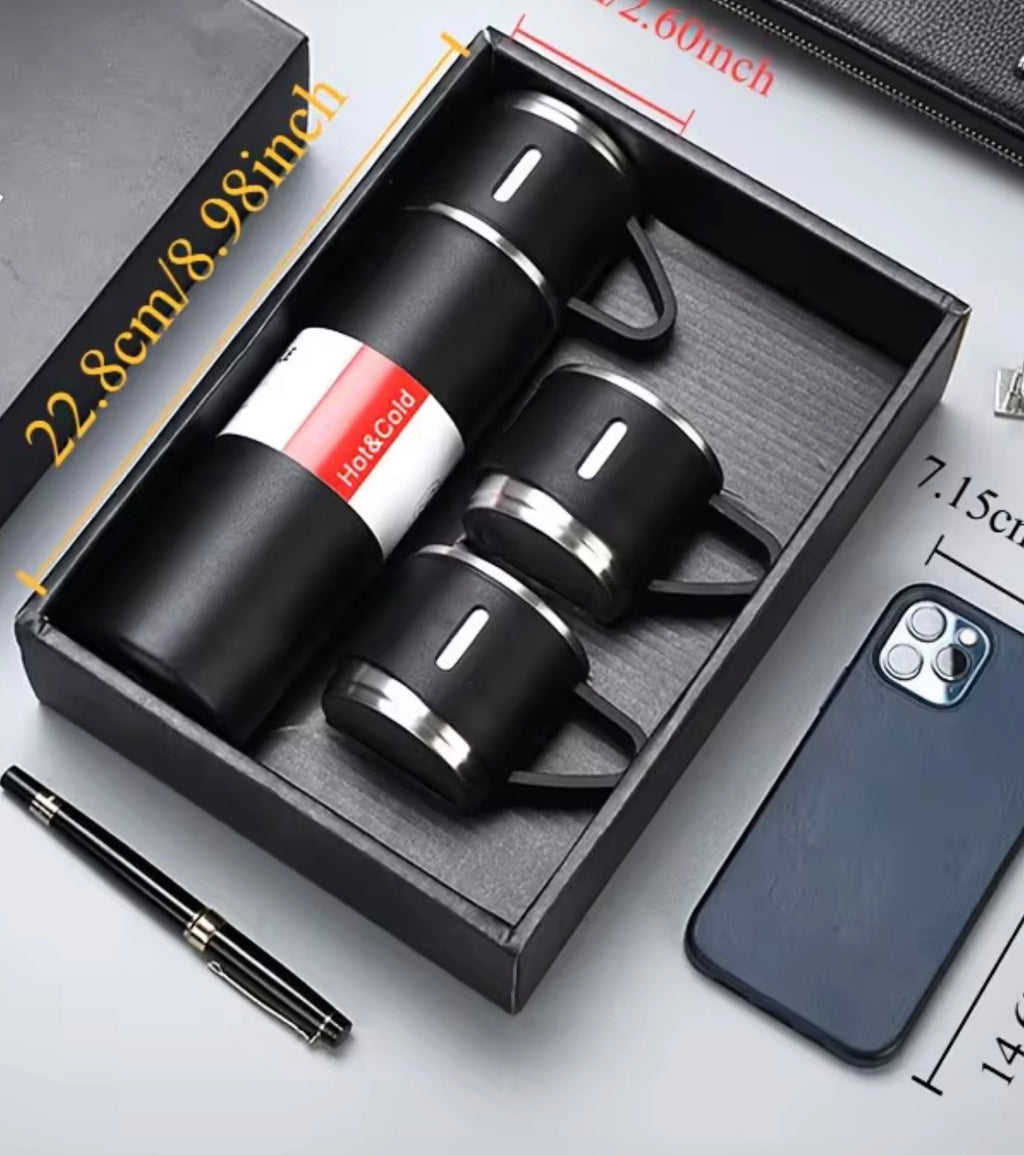 500ml Stainless Steel Vacuum Insulated Flask Gift Set with 3 Cups – Premium Travel Thermos.