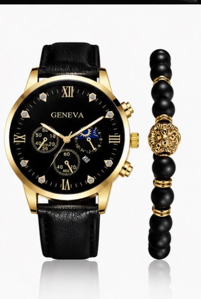 Luxury Men’s Black & Gold Quartz Watch Set with Bracelet – Elegant Business & Casual 🎁