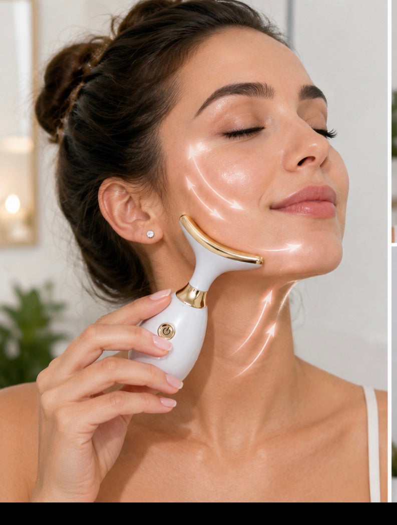 SRAM-101 Rechargeable Facial & Neck Beauty Massager | Skin Care Device | White & Gold