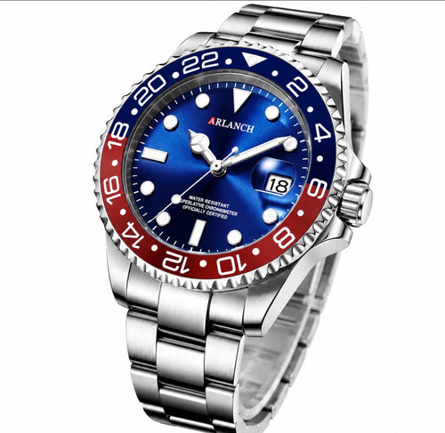 Classic 40mm Stainless Steel Quartz Watch – Blue Sunburst Dial, Red & Blue GMT-Style Bezel, Date Display.