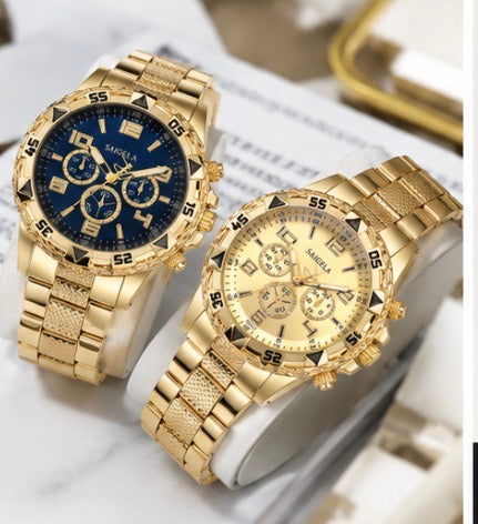 2-Piece Men’s Gold Quartz Watch Set – Stainless Steel Business Wristwatches | Blue & Champagne Dial