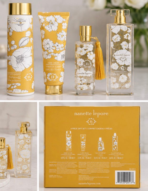 Nanette Lepore 4-Piece Fragrance Gift Set for Women | Eau de Parfum, Body Lotion, Hand Cream & Travel Spray.