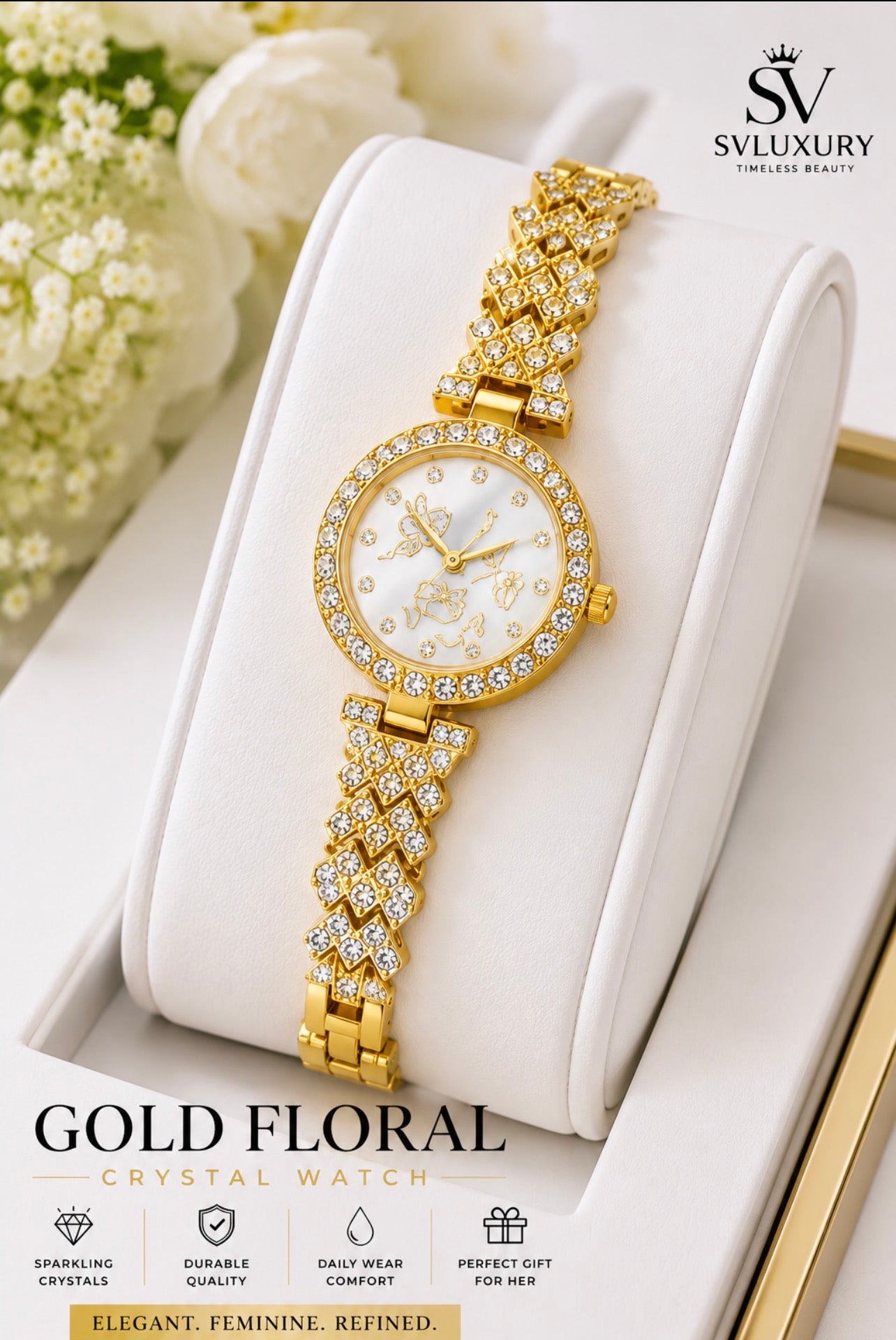 SVLuxury Women’s Luxury Crystal Bracelet Watch | Elegant Quartz Dress Watch | Gold, Silver & Rose Gold