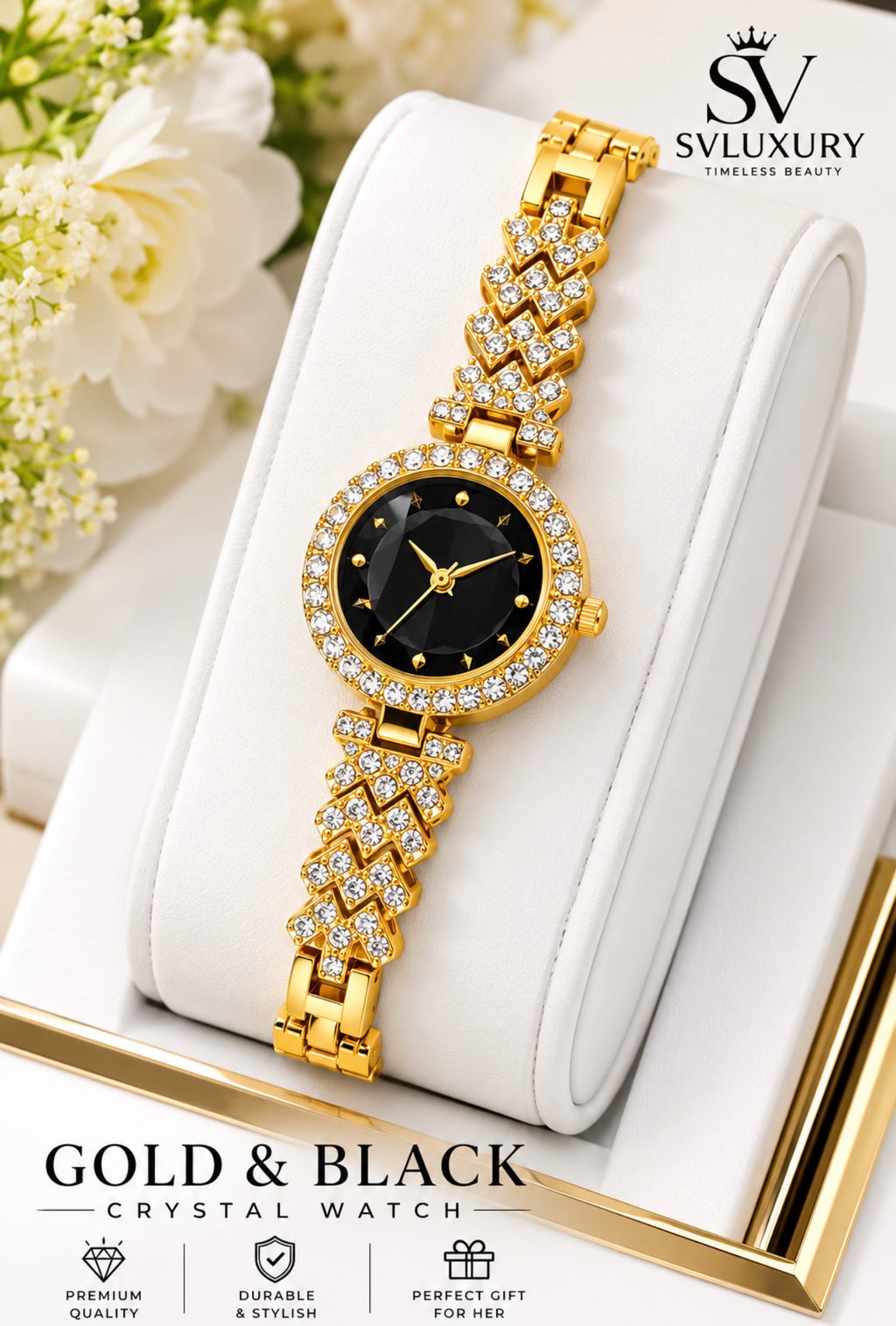 SVLuxury Women’s Luxury Crystal Bracelet Watch | Elegant Quartz Dress Watch | Gold, Silver & Rose Gold