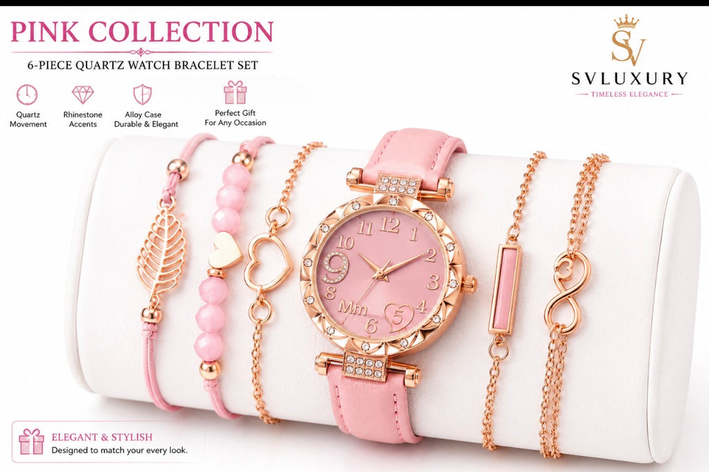 SVLuxury Women’s 6-Piece Red Quartz Watch & Bracelet Gift Set | Elegant Fashion Accessories.