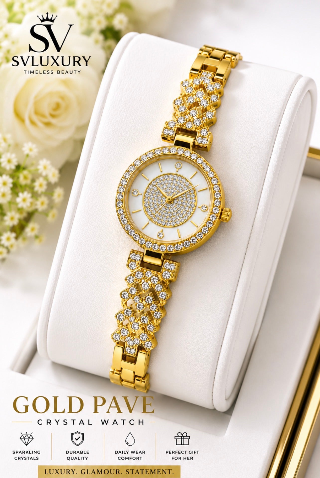 SVLuxury Women’s Luxury Crystal Bracelet Watch | Elegant Quartz Dress Watch | Gold, Silver & Rose Gold