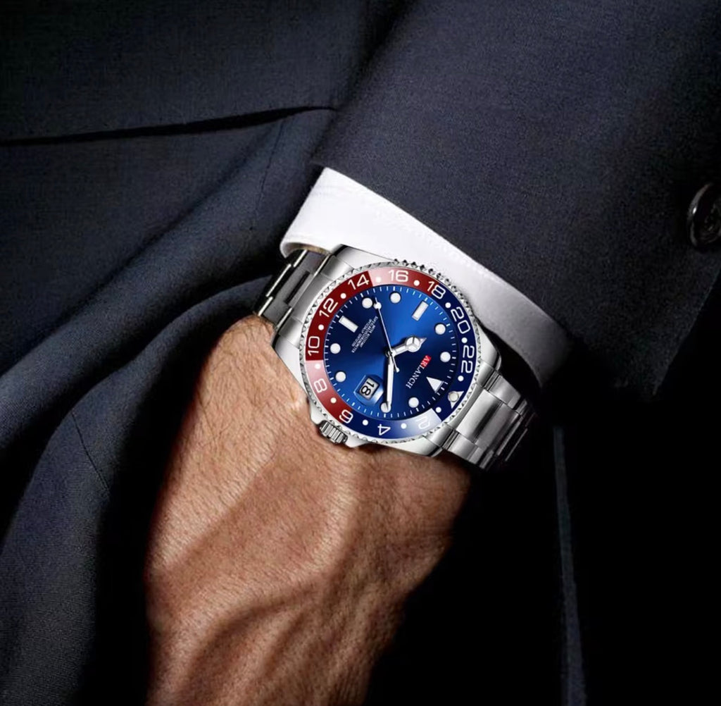 Classic 40mm Stainless Steel Quartz Watch – Blue Sunburst Dial, Red & Blue GMT-Style Bezel, Date Display.
