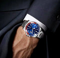 Classic 40mm Stainless Steel Quartz Watch – Blue Sunburst Dial, Red & Blue GMT-Style Bezel, Date Display.