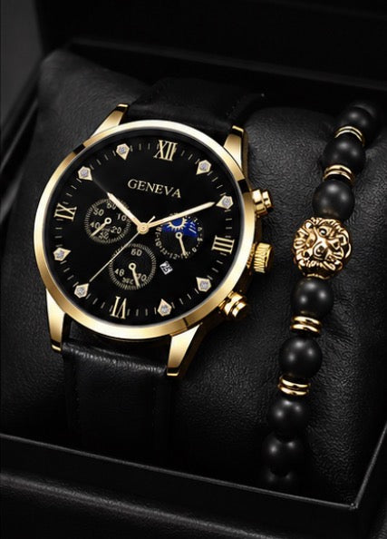 Luxury Men’s Black & Gold Quartz Watch Set with Bracelet – Elegant Business & Casual 🎁