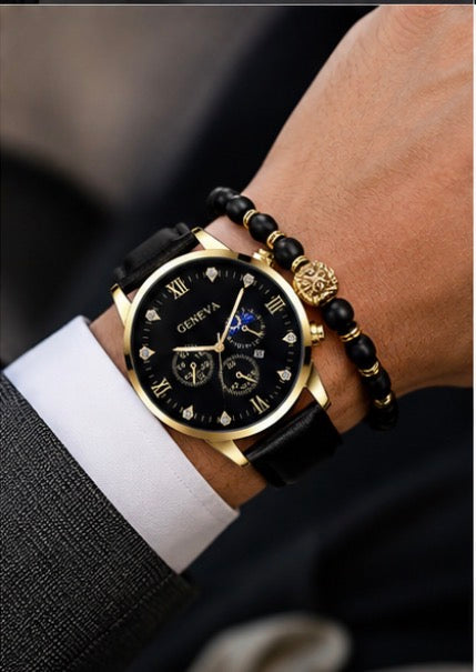 Luxury Men’s Black & Gold Quartz Watch Set with Bracelet – Elegant Business & Casual 🎁