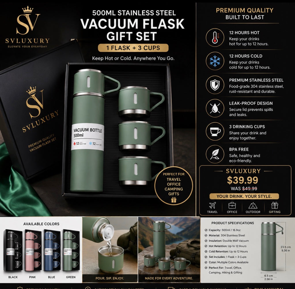 500ml Stainless Steel Vacuum Insulated Flask Gift Set with 3 Cups – Premium Travel Thermos.