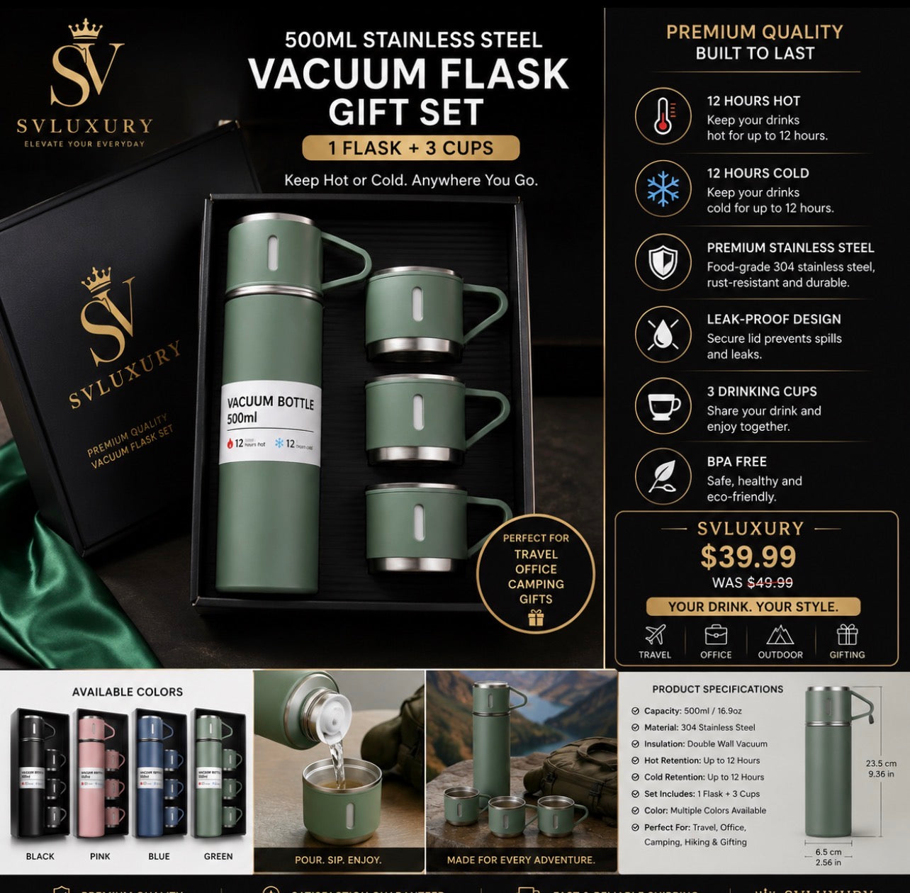 500ml Stainless Steel Vacuum Insulated Flask Gift Set with 3 Cups – Premium Travel Thermos.