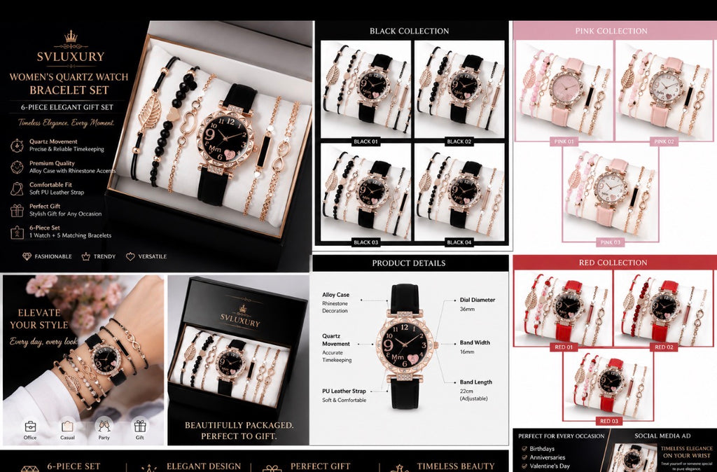 SVLuxury Women’s 6-Piece Red Quartz Watch & Bracelet Gift Set | Elegant Fashion Accessories.