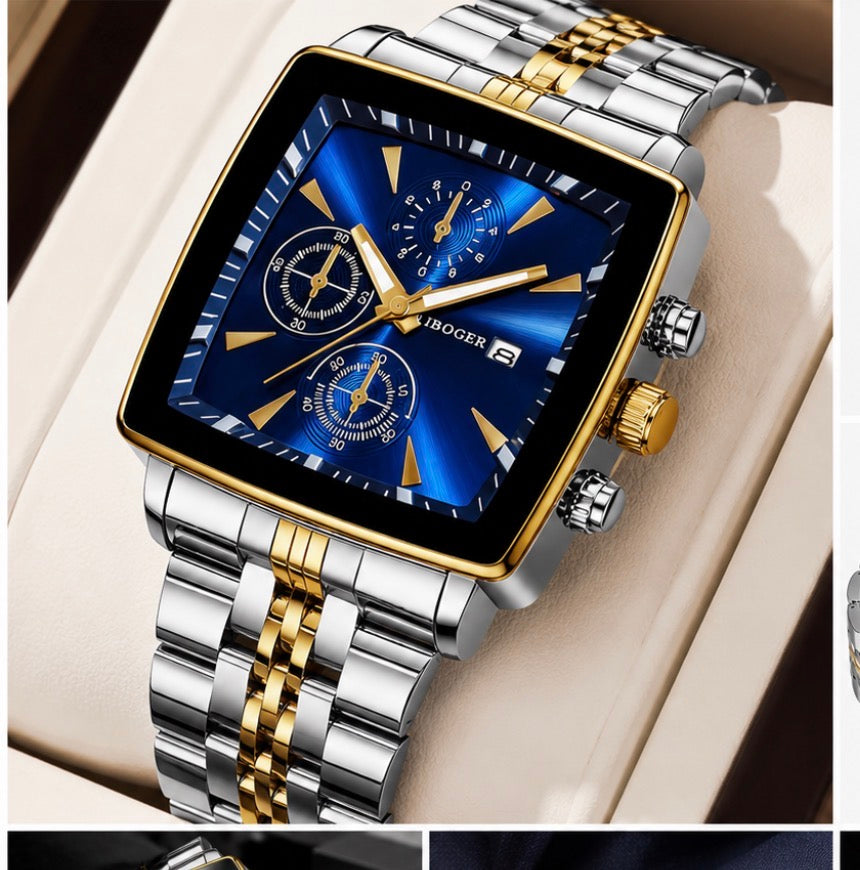 Luxury Square Dial Men’s Quartz Watch – Stainless Steel Business Wristwatch with Date Display.
