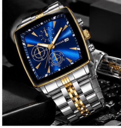 Luxury Square Dial Men’s Quartz Watch – Stainless Steel Business Wristwatch with Date Display.