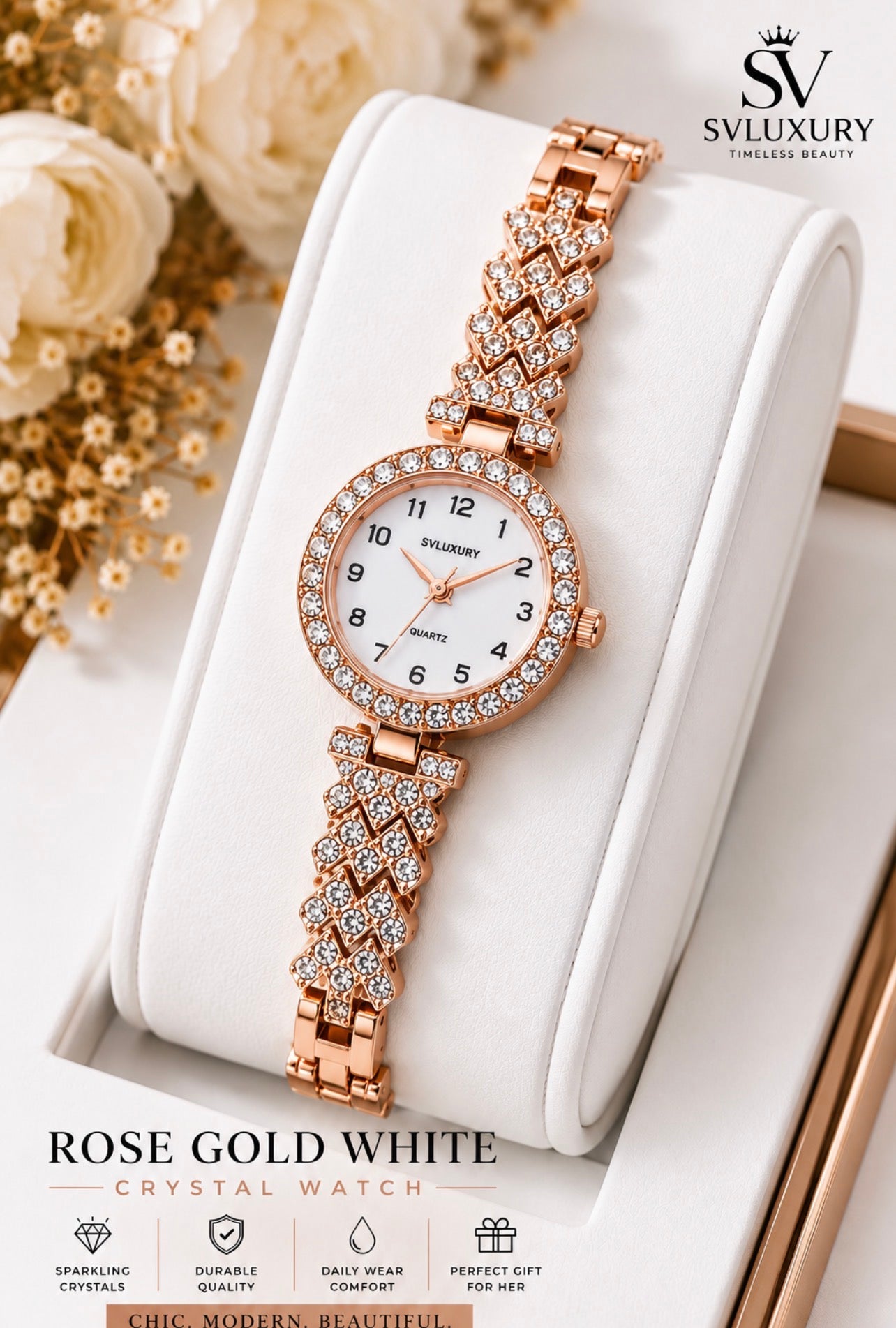 SVLuxury Women’s Luxury Crystal Bracelet Watch | Elegant Quartz Dress Watch | Gold, Silver & Rose Gold