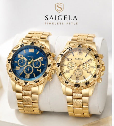 2-Piece Men’s Gold Quartz Watch Set – Stainless Steel Business Wristwatches | Blue & Champagne Dial
