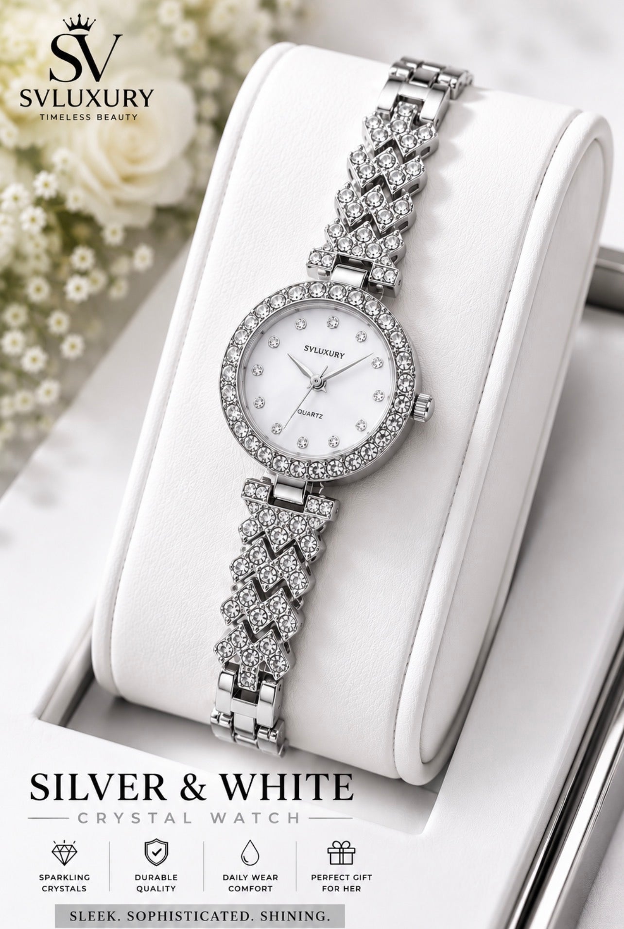 SVLuxury Women’s Luxury Crystal Bracelet Watch | Elegant Quartz Dress Watch | Gold, Silver & Rose Gold