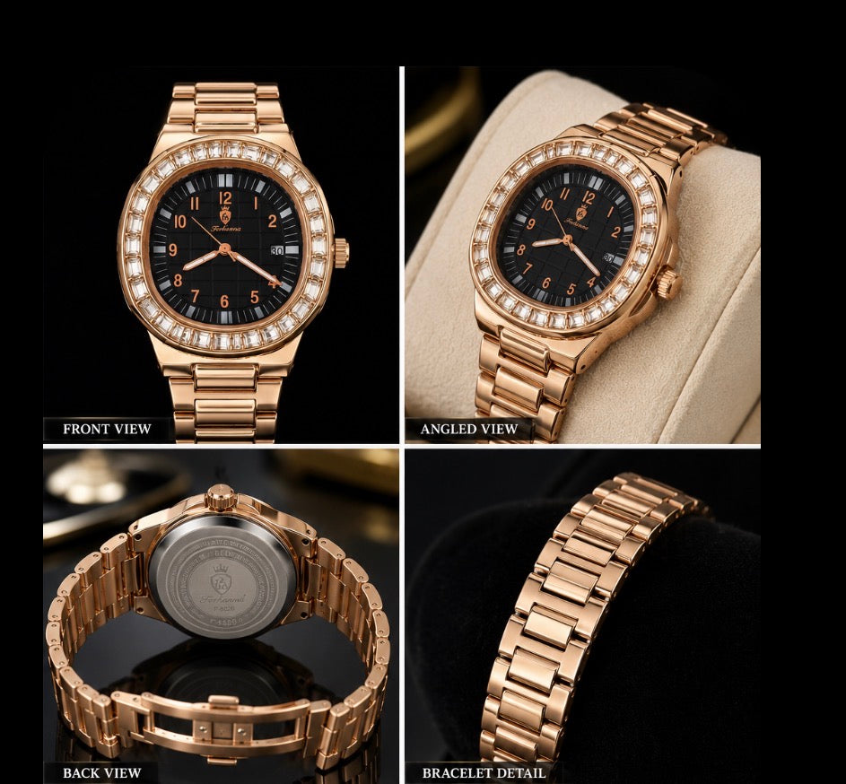 Luxury  Men Rose Gold Crystal Bezel Watch Stainless Steel Quartz Wristwatch.