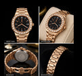 Luxury  Men Rose Gold Crystal Bezel Watch Stainless Steel Quartz Wristwatch.