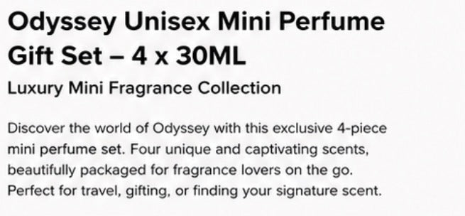 Odyssey Unisex Mini Perfume Gift Set – 4 x 30ML Long-Lasting Eau de Parfum Collection,Luxury Travel Fragrance Set for Men & Women